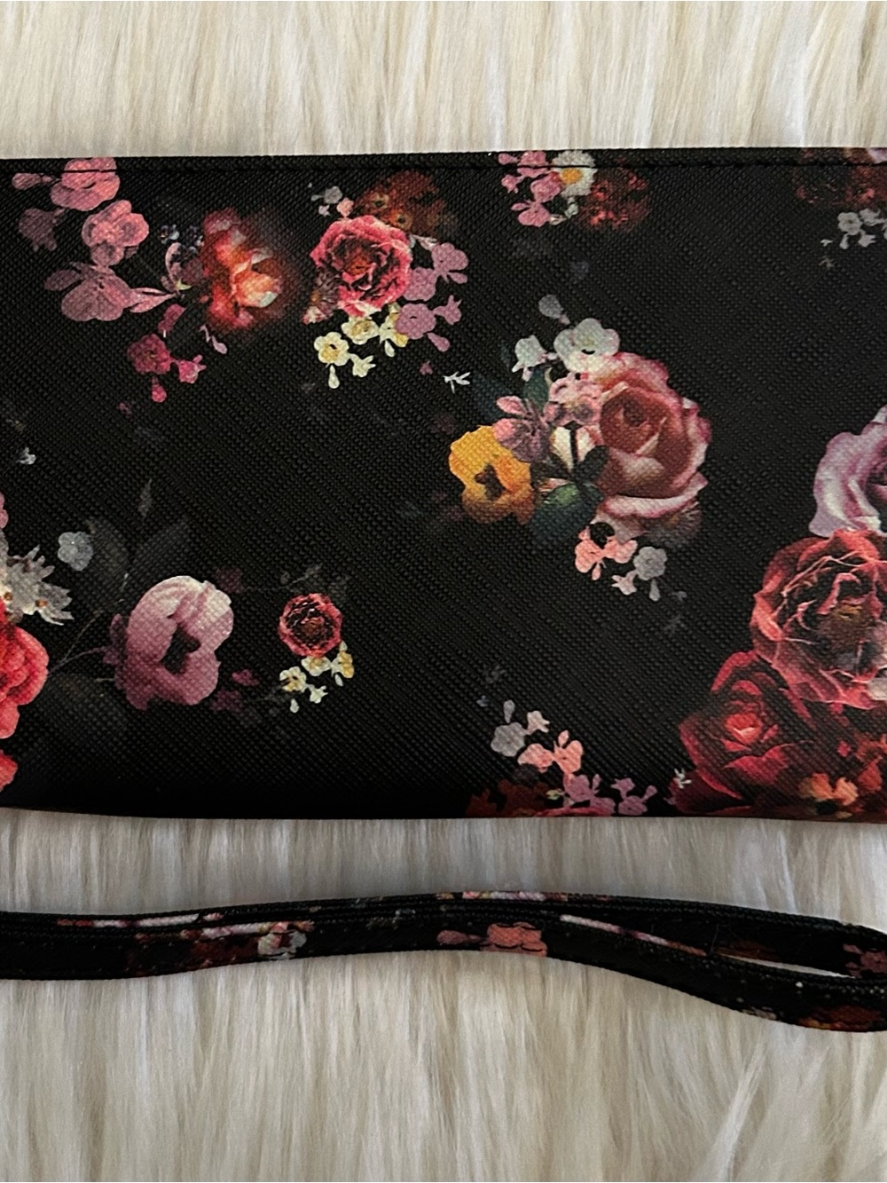 Floral Print Wristlet Clutch - Black with Pink & Red Roses